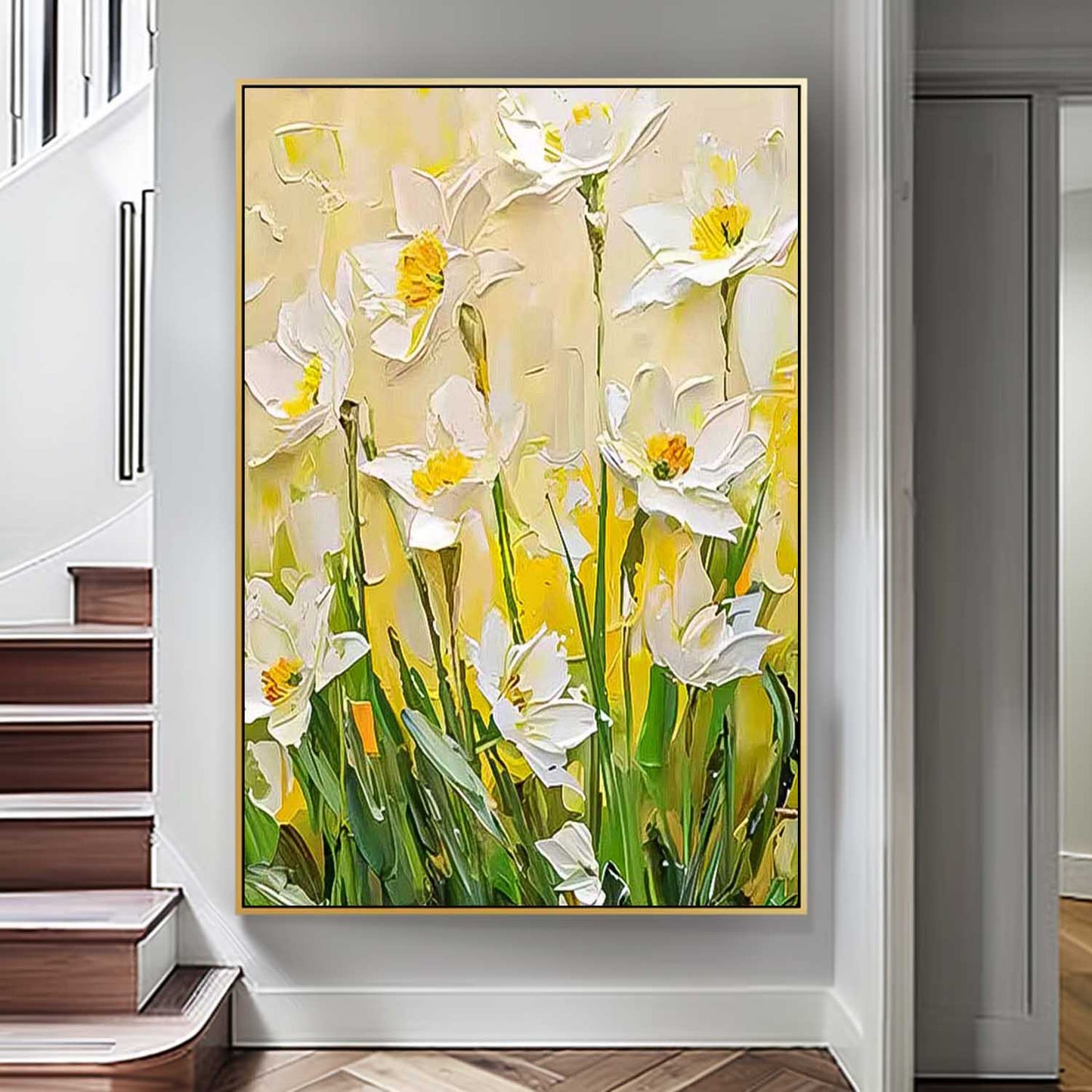 Bright White Floral Oil Painting for Home Decor and Art Collectors
