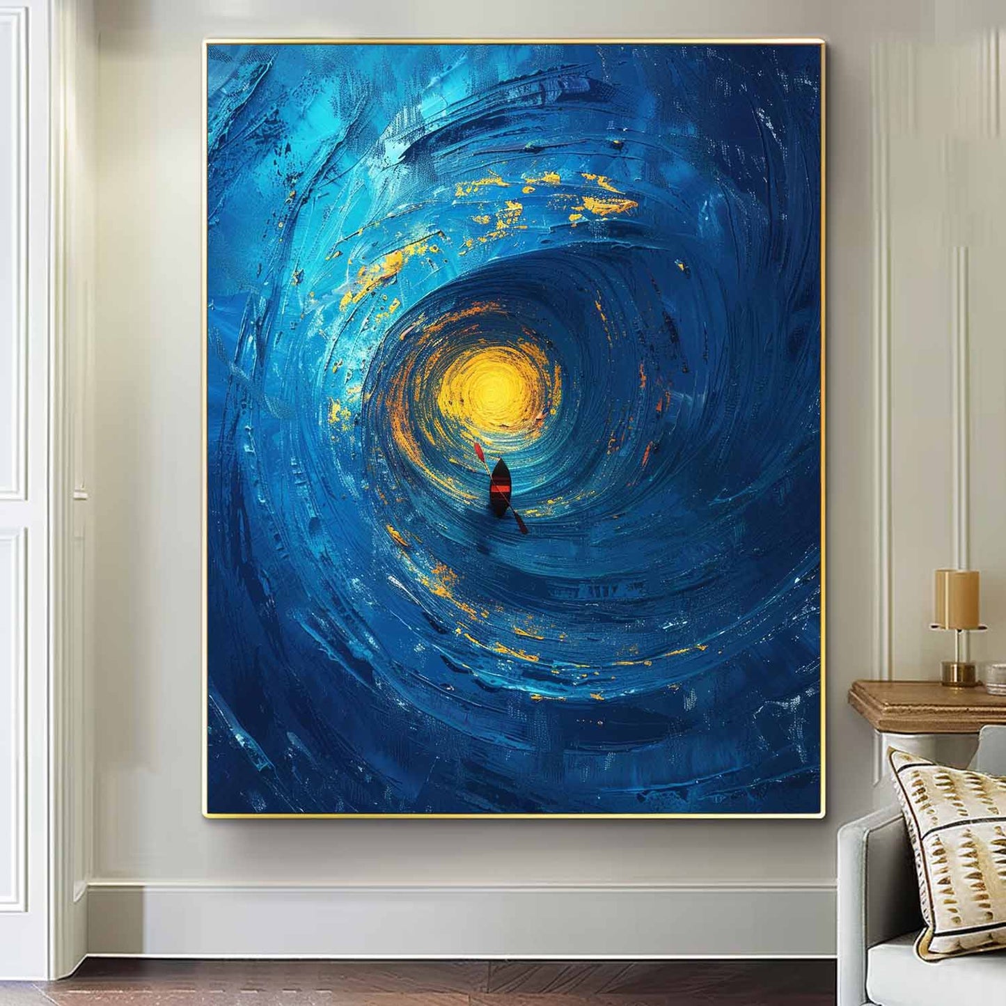 Serene Ocean Swirl with Vibrant Sunlight and Kayak Canvas Artwork