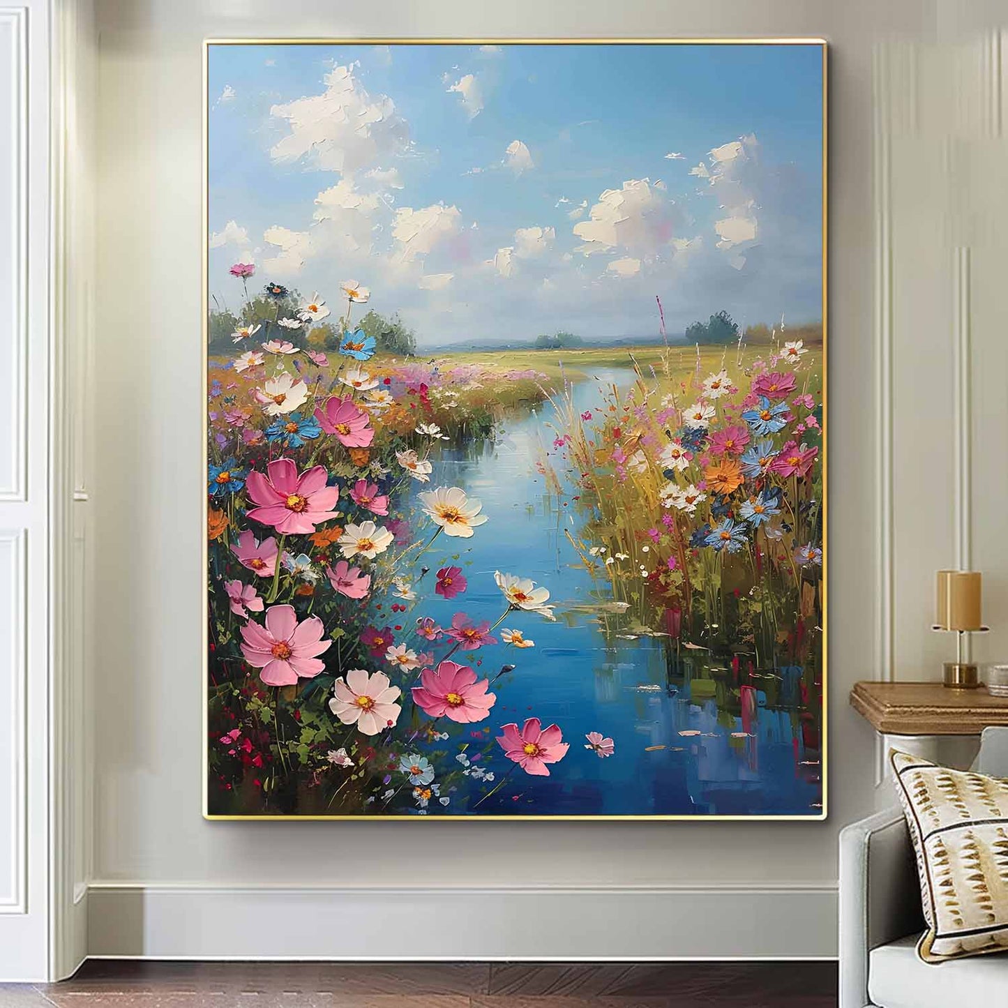 Vibrant Floral Landscape Oil Painting with Serene River and Blue Sky Art