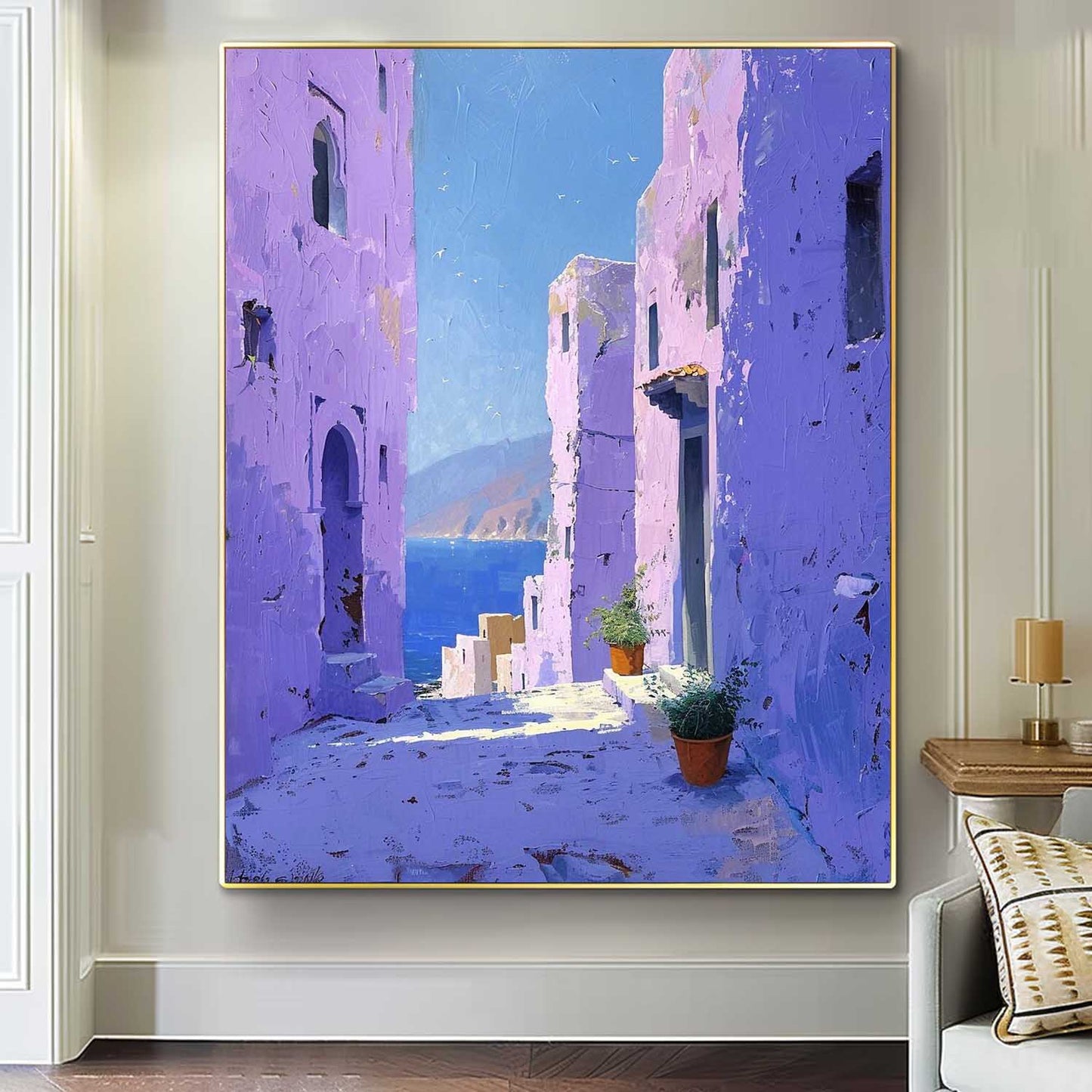 Vibrant Mediterranean Village: Stunning Oil Painting of Coastal Architecture