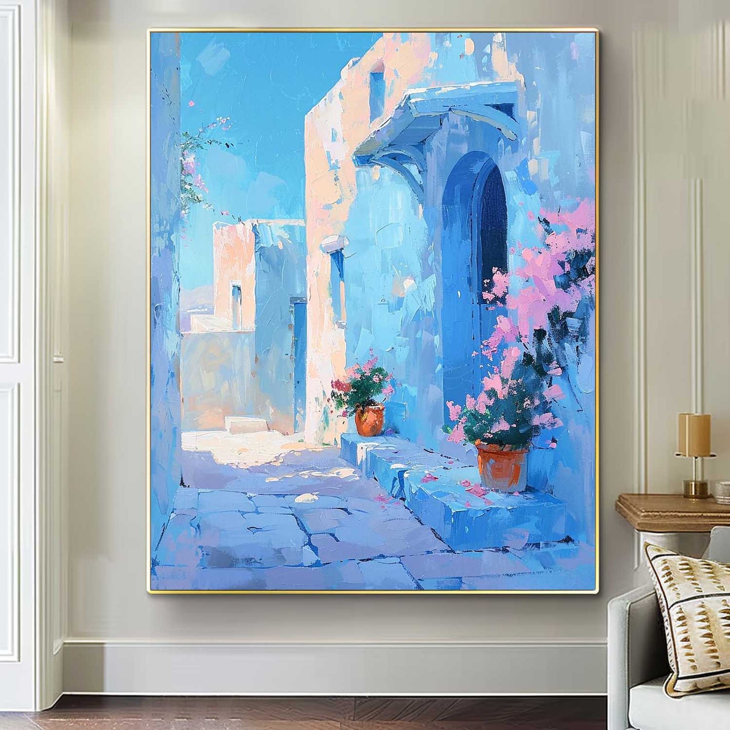 Charming Blue Alleyway Oil Painting with Flower Pots and Architecture