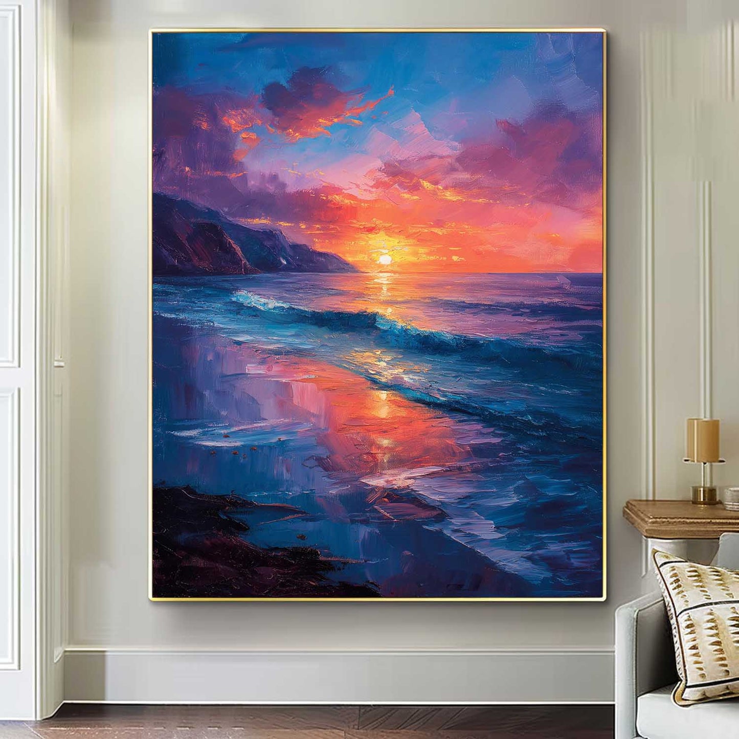 Vibrant Sunset Over Ocean Waves - Coastal Oil Painting for Beach Lovers