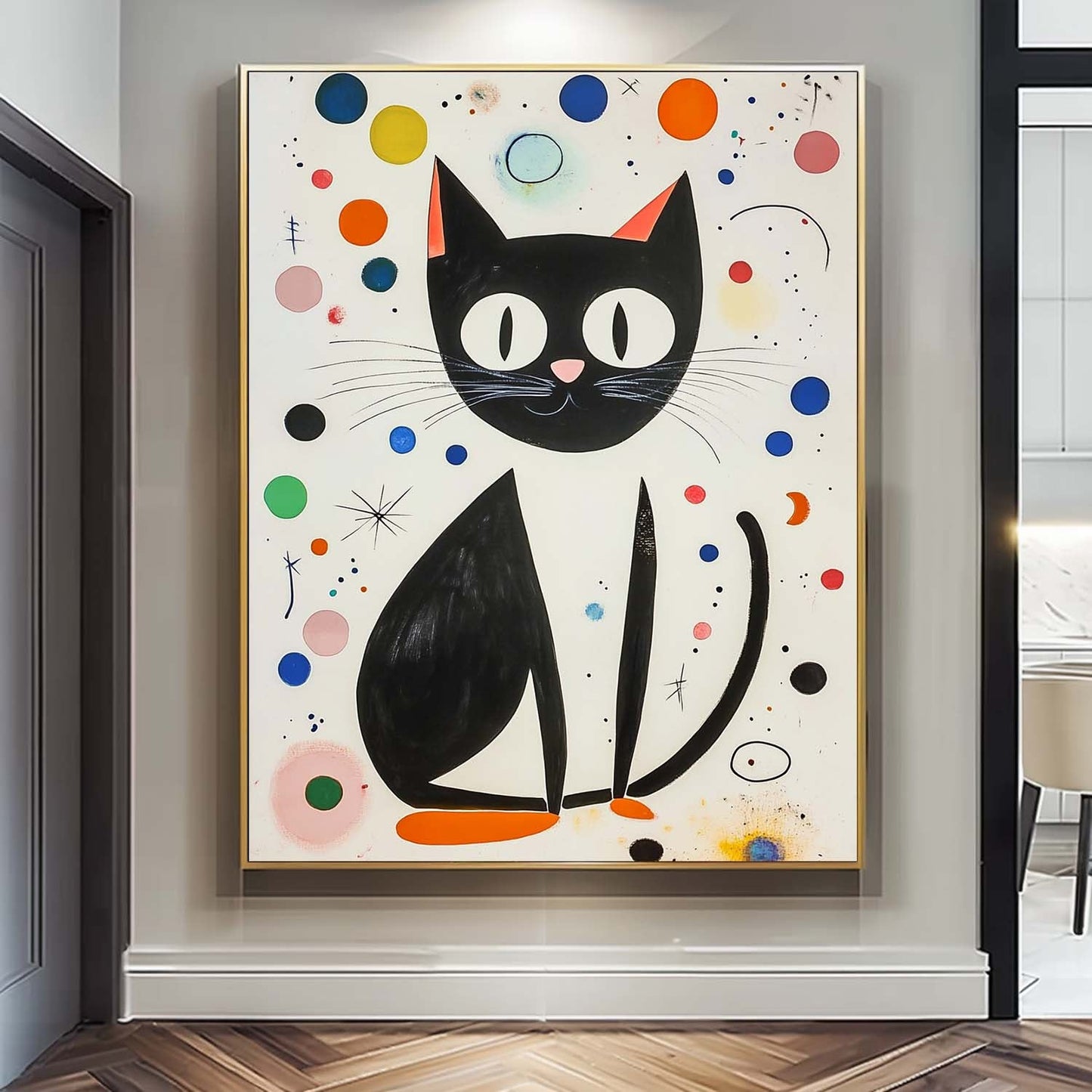 Charming Black Cat Oil Painting with Colorful Abstract Background