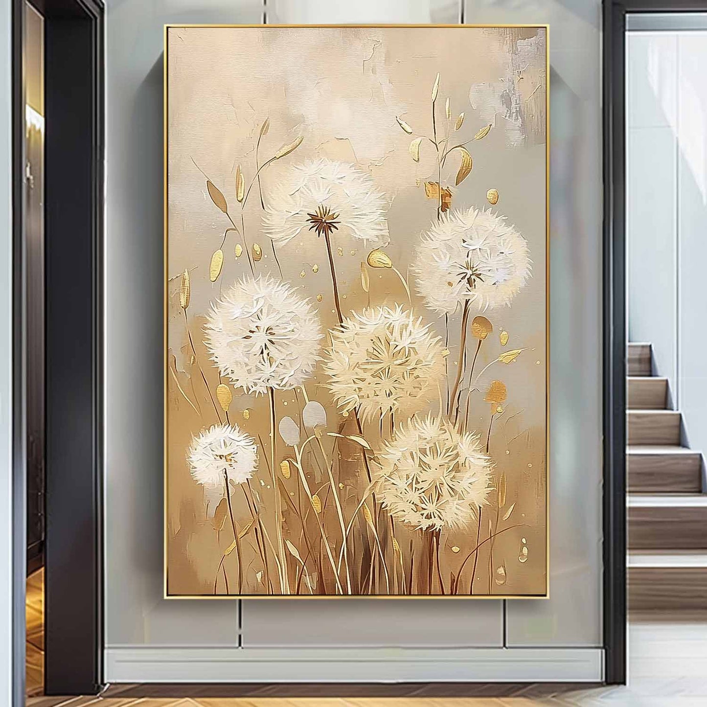 Elegant White Dandelion Flowers Oil Painting for Chic Home Decor