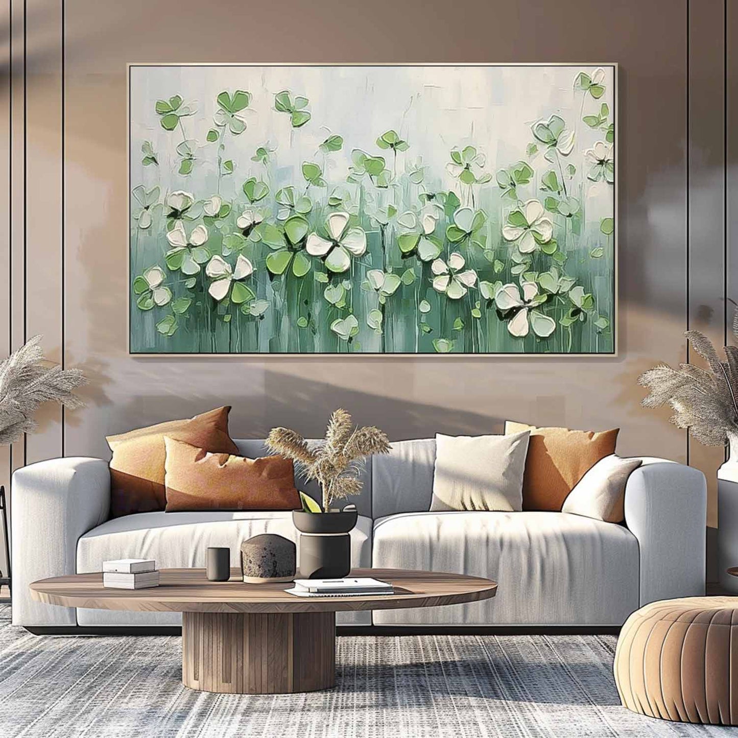 Delicate Green Flower Field Oil Painting for Home Decor
