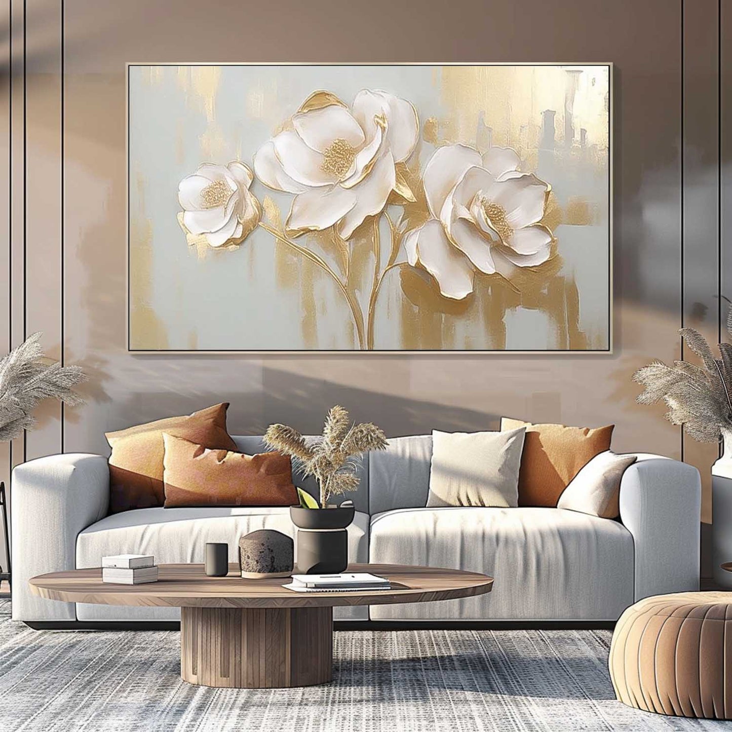 Elegant White Floral Oil Painting on Canvas with Gold Accents for Home Decor