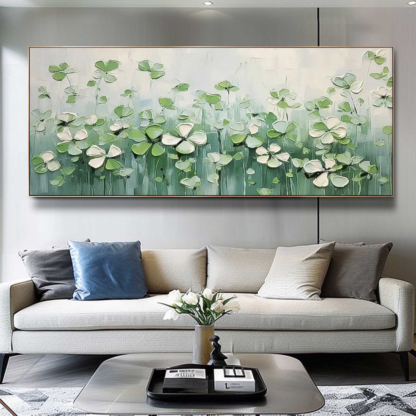 Delicate Green Flower Field Oil Painting for Home Decor
