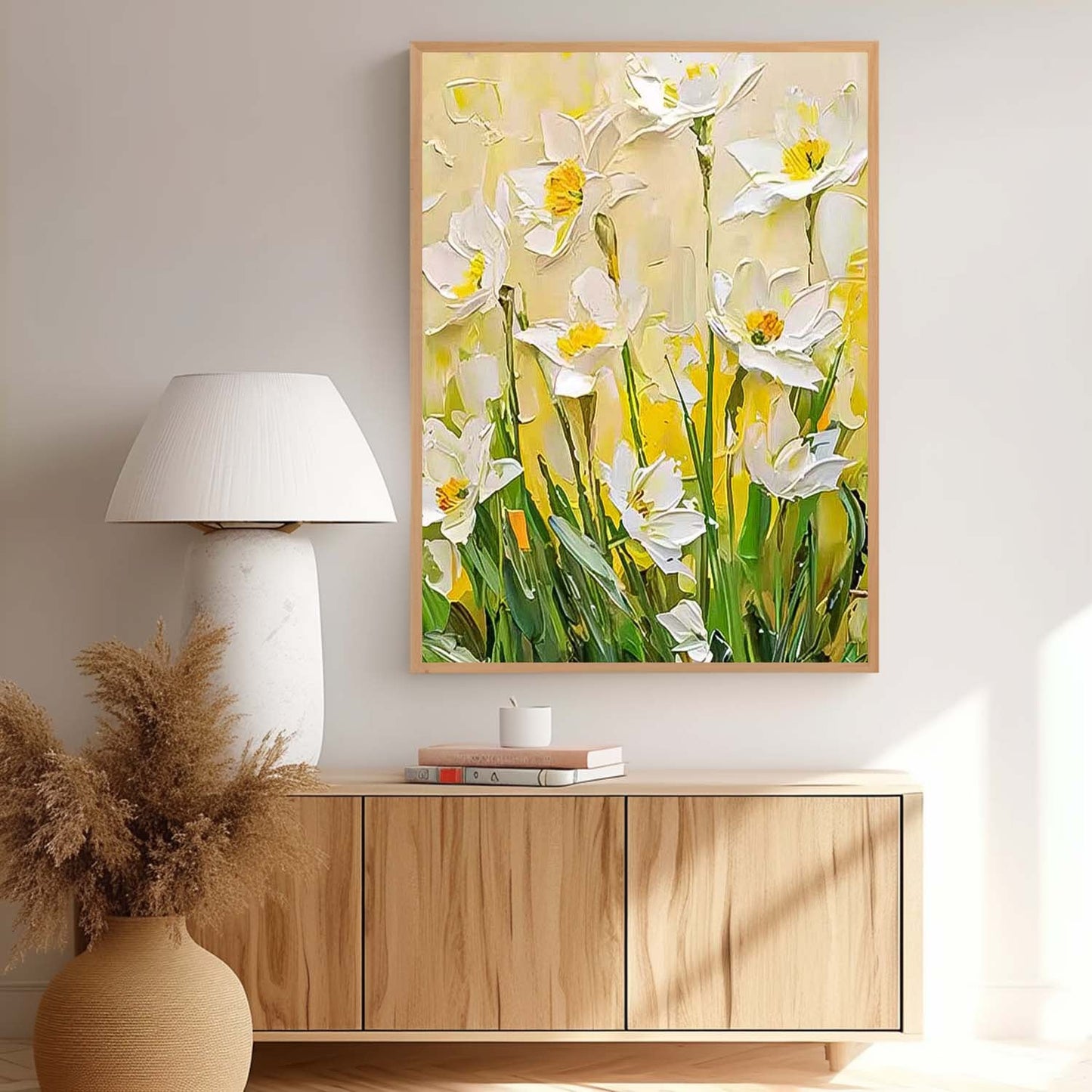 Bright White Floral Oil Painting for Home Decor and Art Collectors