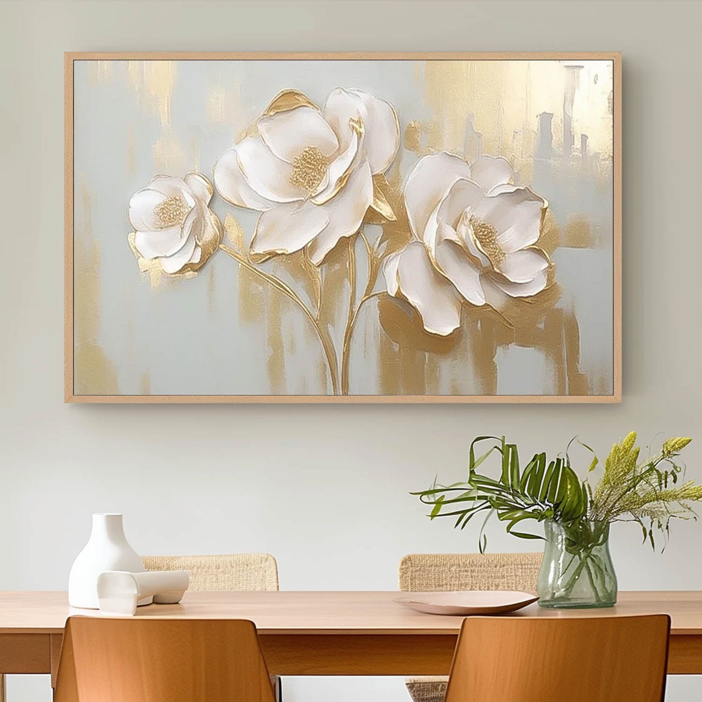 Elegant White Floral Oil Painting on Canvas with Gold Accents for Home Decor