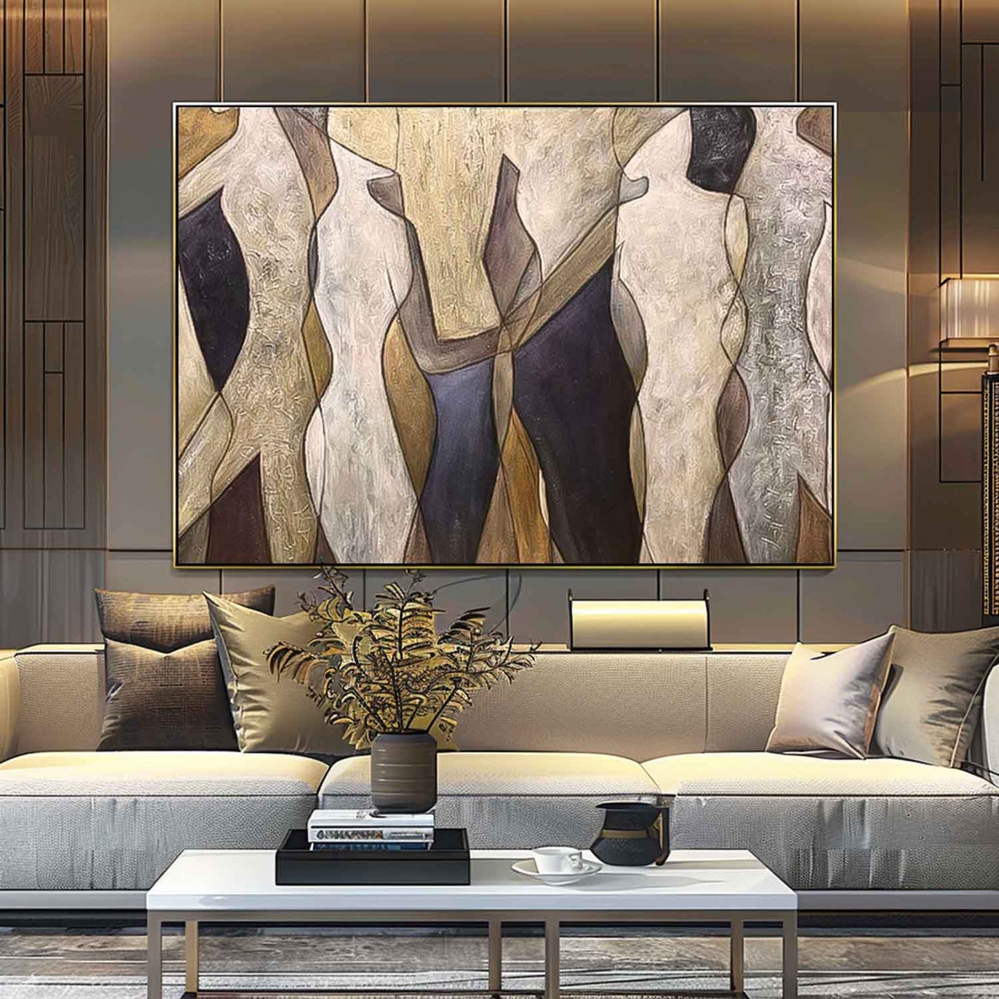 Contemporary Abstract Oil Painting of Figures in Earthy Tones for Modern Decor