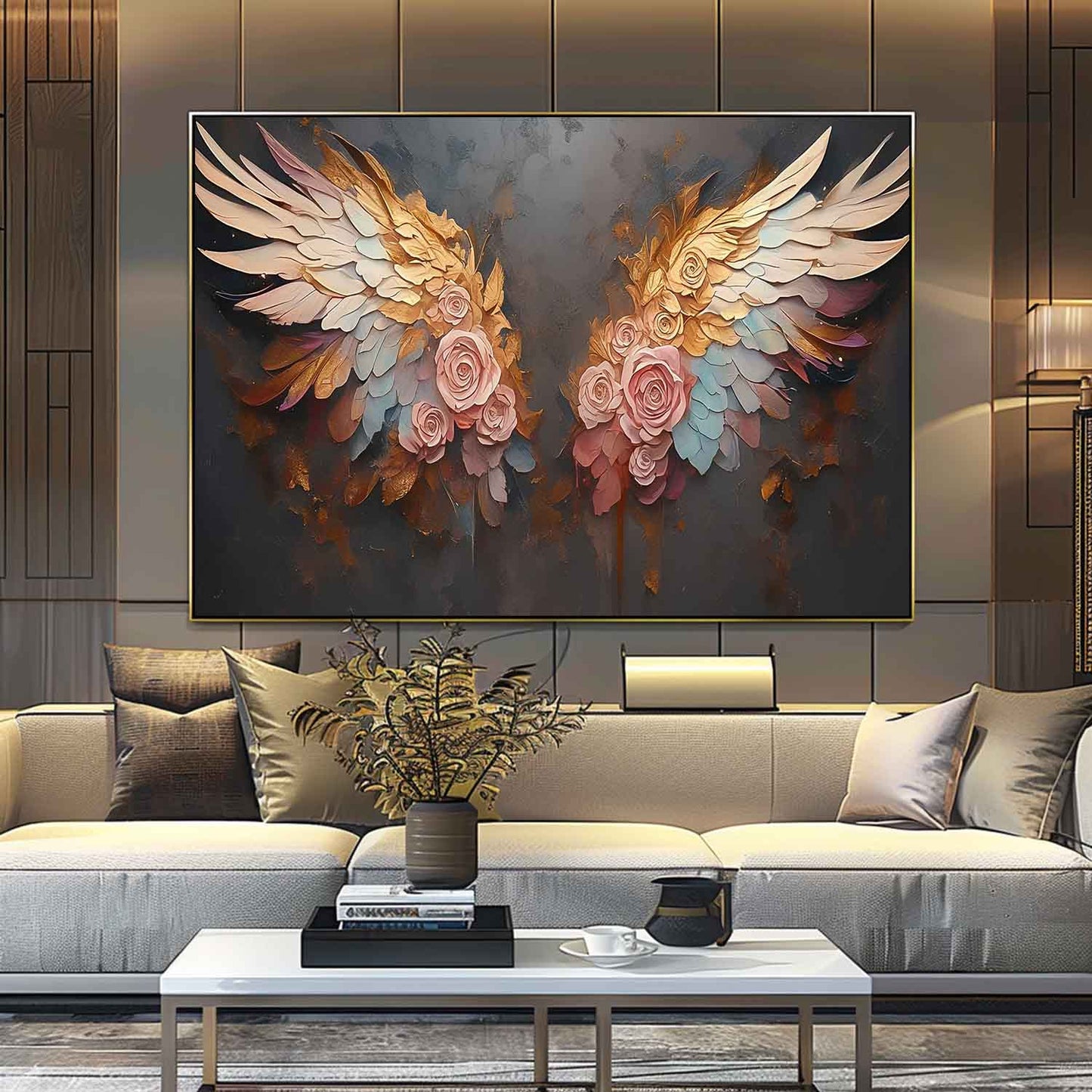 Elegant Floral Wings Oil Painting - Vibrant Pink Roses on Dark Canvas