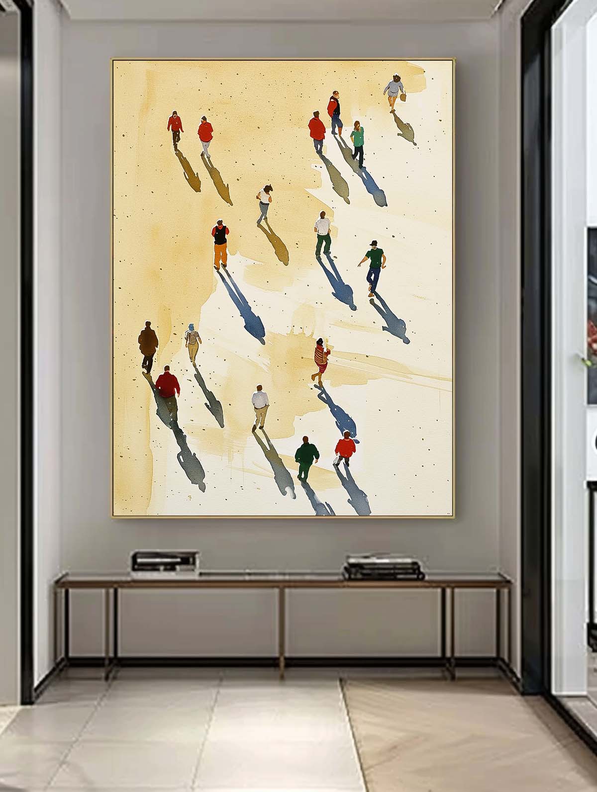 Vibrant Beach Scene Oil Painting with Shadows and People Walking by the Ocean