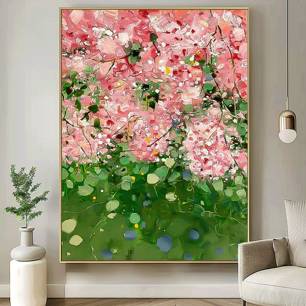 Vibrant Pink Floral Oil Painting for Home Décor and Art Lovers