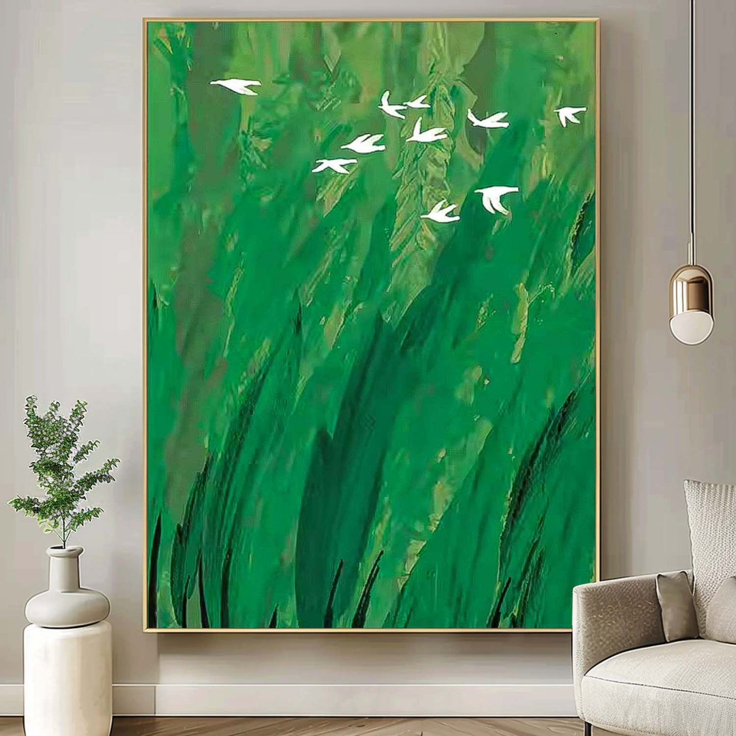 Serene Green Minimalist Oil Painting with White Birds in Flight