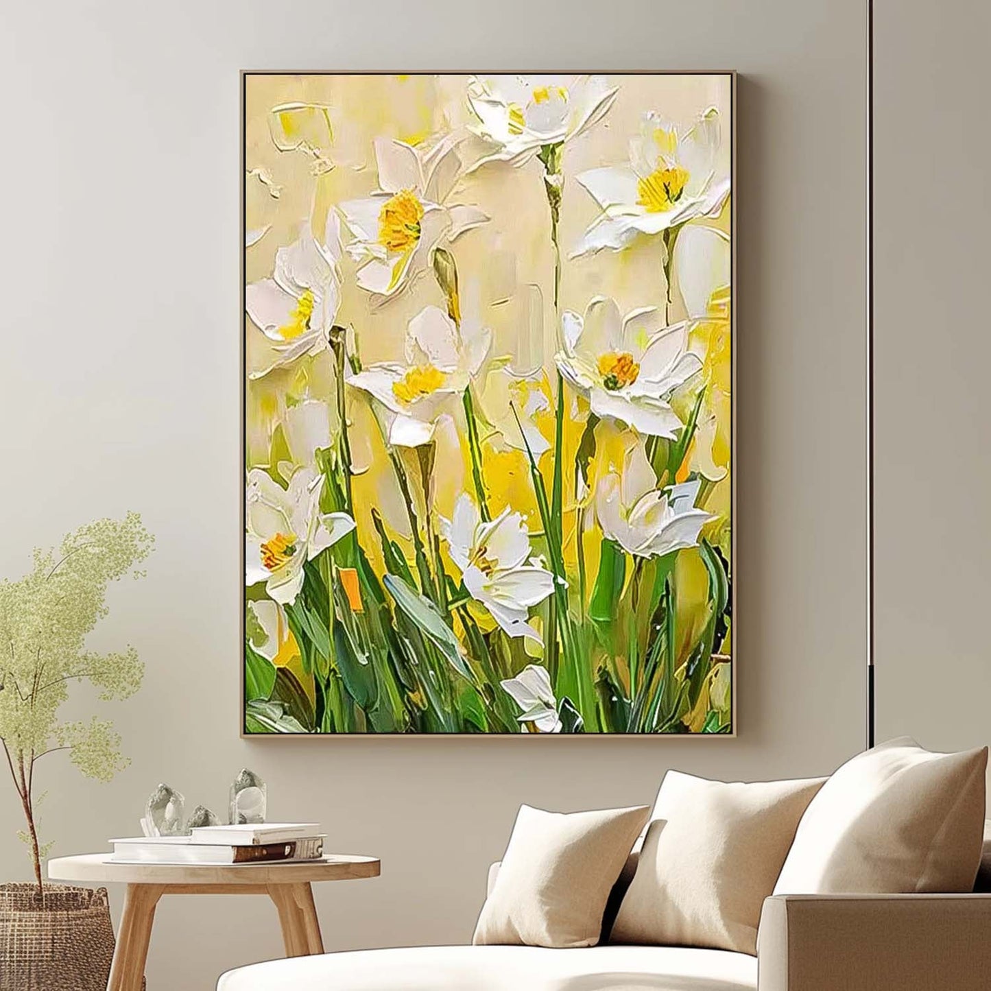 Bright White Floral Oil Painting for Home Decor and Art Collectors