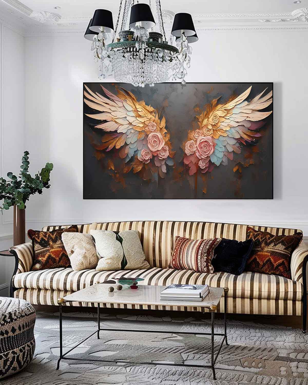 Elegant Floral Wings Oil Painting - Vibrant Pink Roses on Dark Canvas