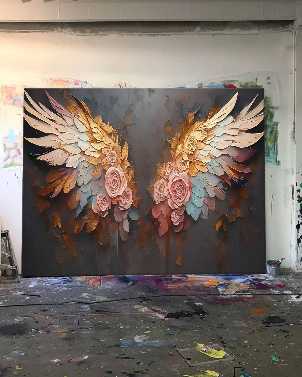 Elegant Floral Wings Oil Painting - Vibrant Pink Roses on Dark Canvas