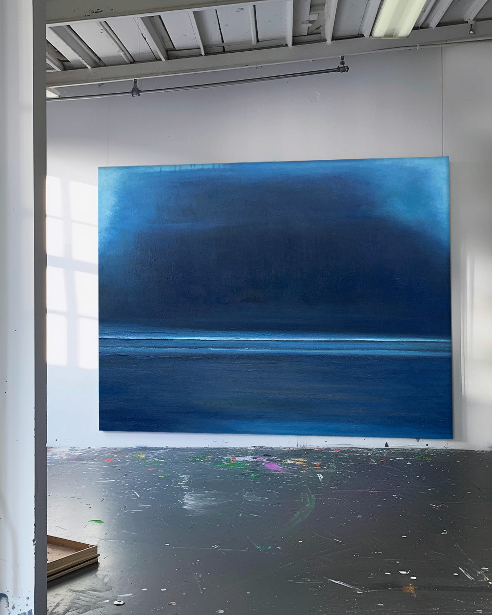 Tranquil Blue Minimalist Oil Painting for Serene Home Decor
