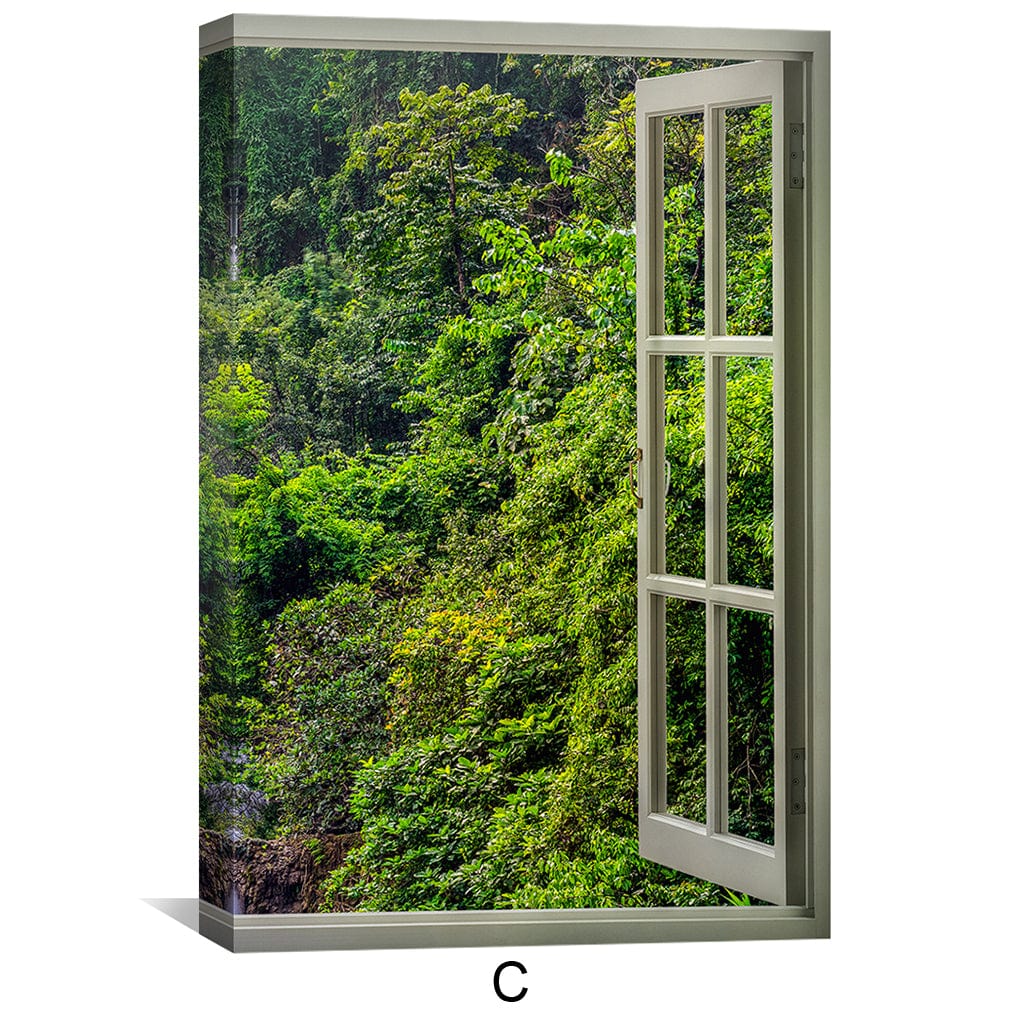 Serene Waterfall View Through Open Window Oil Painting