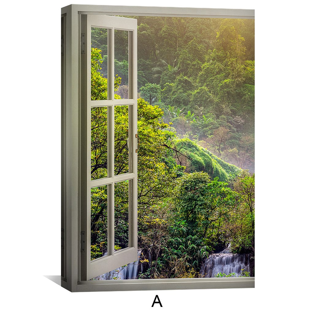 Serene Waterfall View Through Open Window Oil Painting