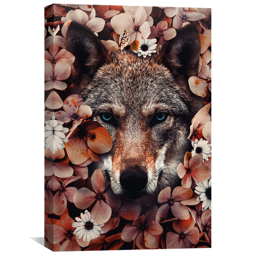 Majestic Wolf in Floral Embrace - Stunning Oil Canvas Painting for Home Decor