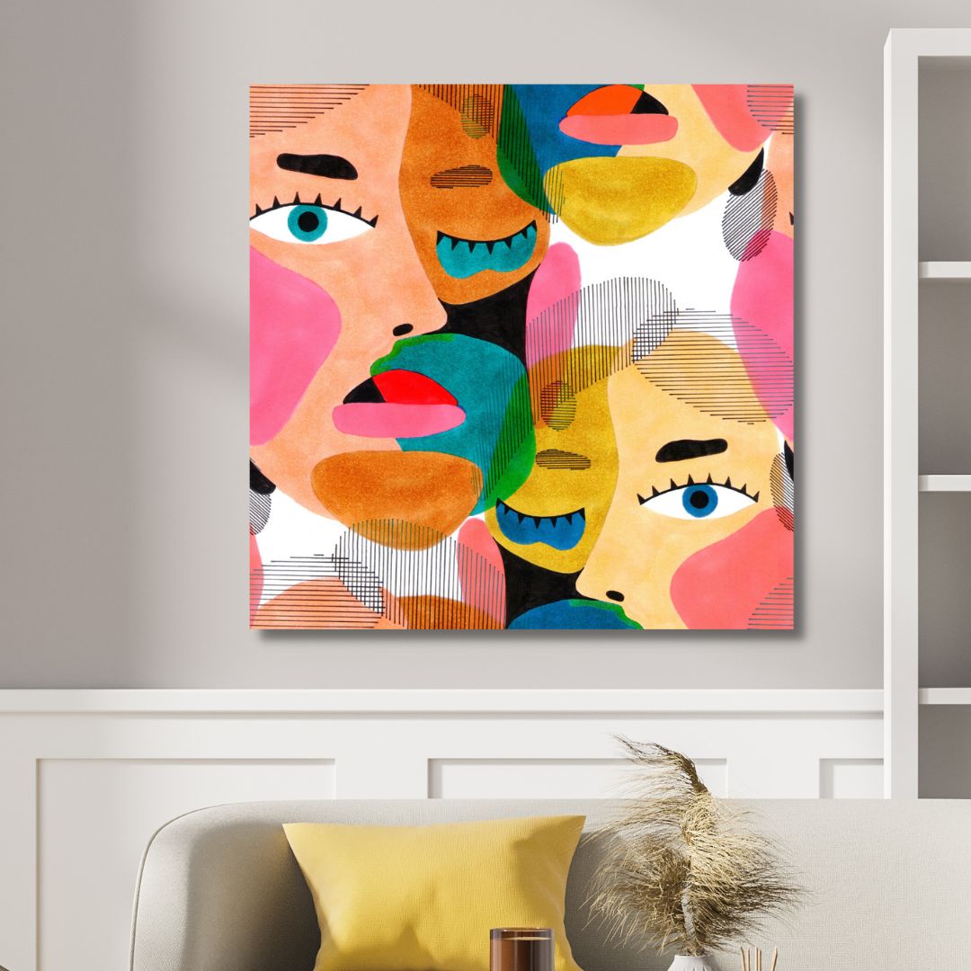 Colorful Abstract Faces Canvas Art | Modern Pop Art Oil Painting for Stylish Decor