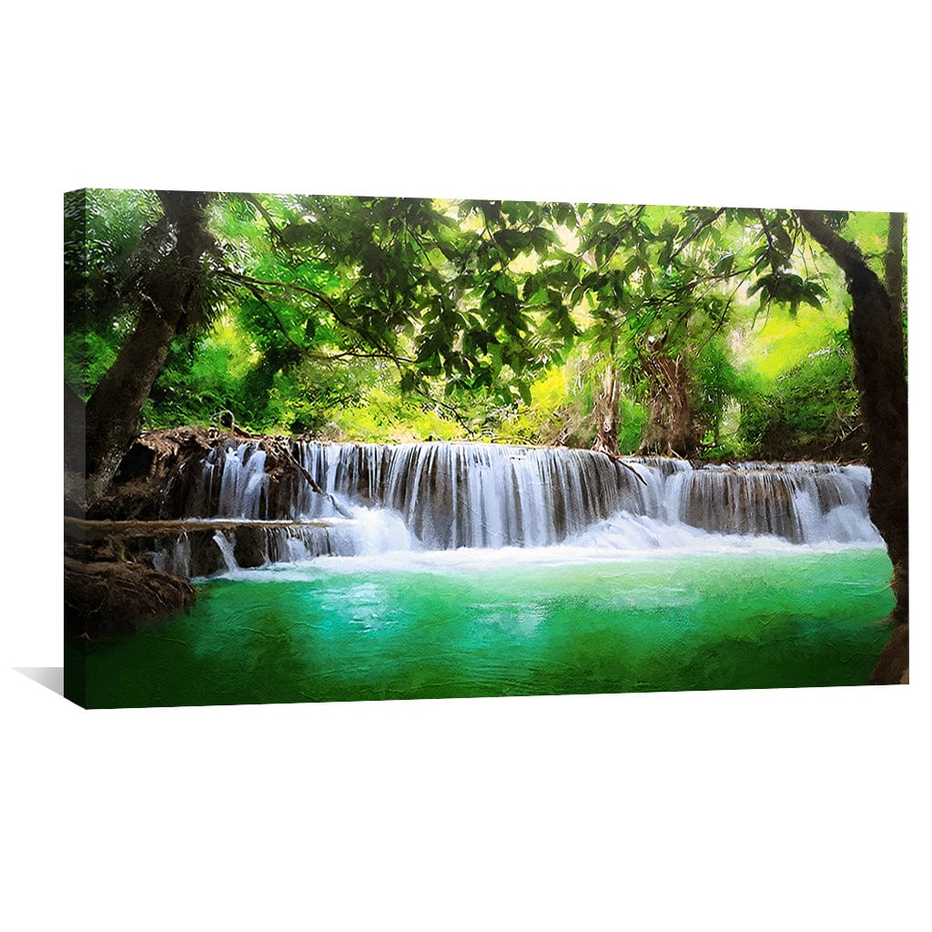 Serene Woodland Waterfall Oil Painting for Tranquil Home Decor