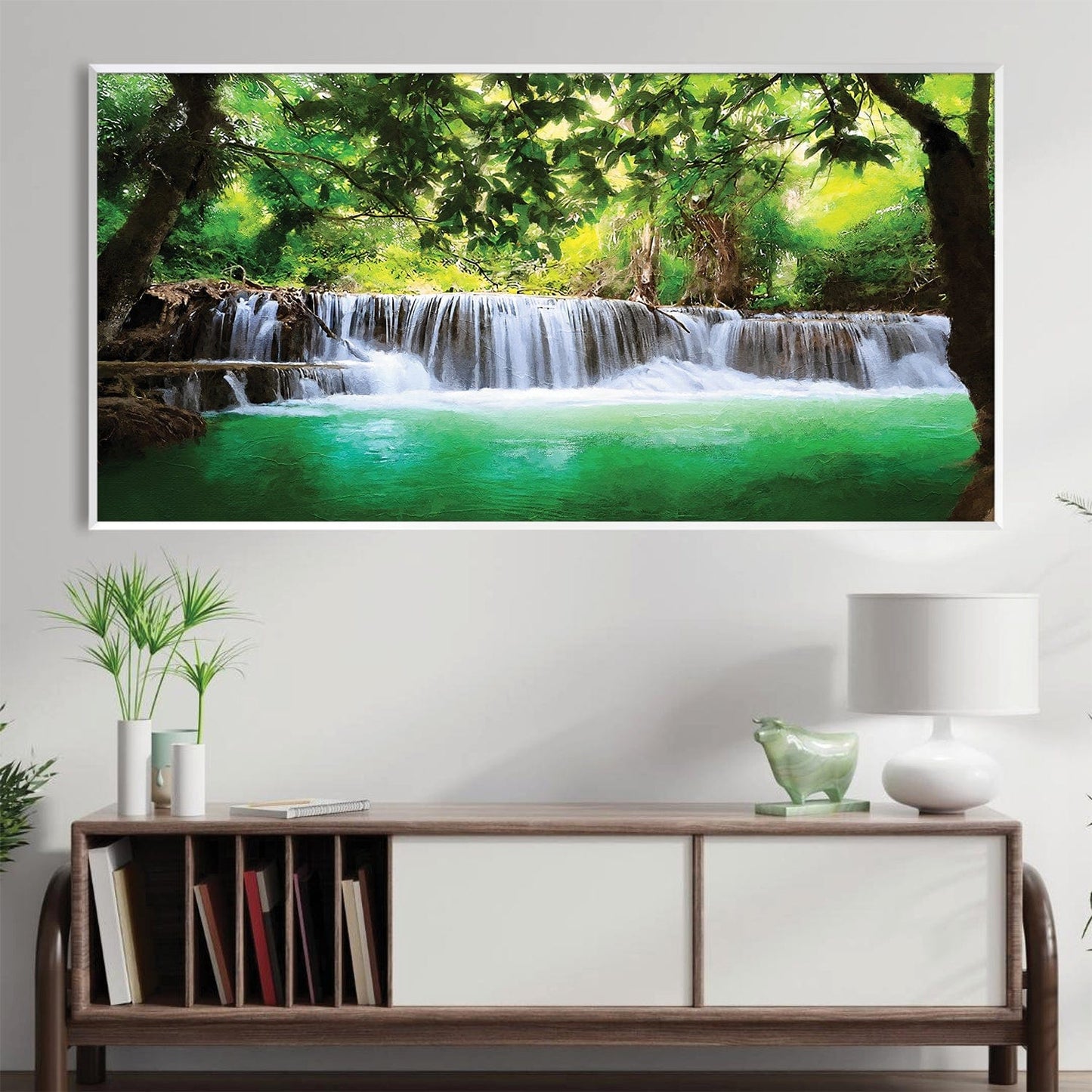 Serene Woodland Waterfall Oil Painting for Tranquil Home Decor