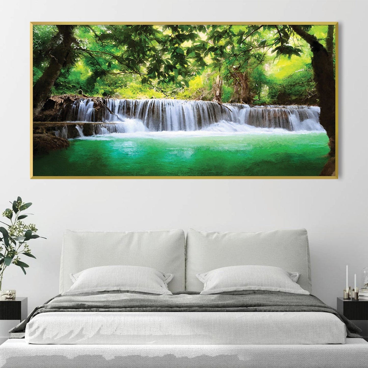 Serene Woodland Waterfall Oil Painting for Tranquil Home Decor