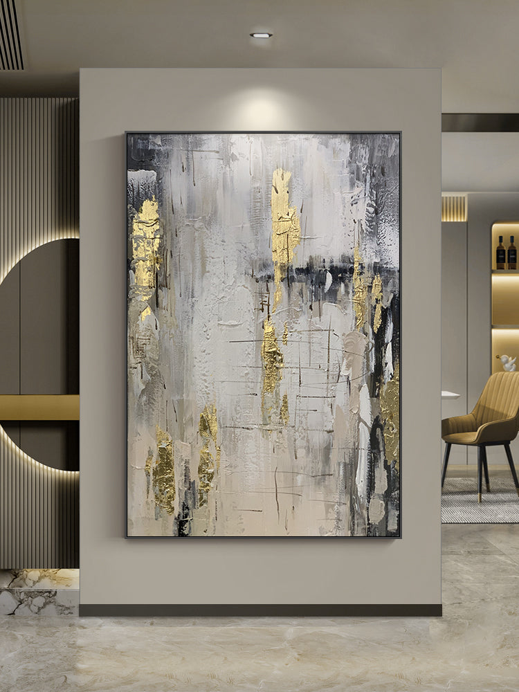 Gray Black and White Gold Leaf Abstract Oil Painting