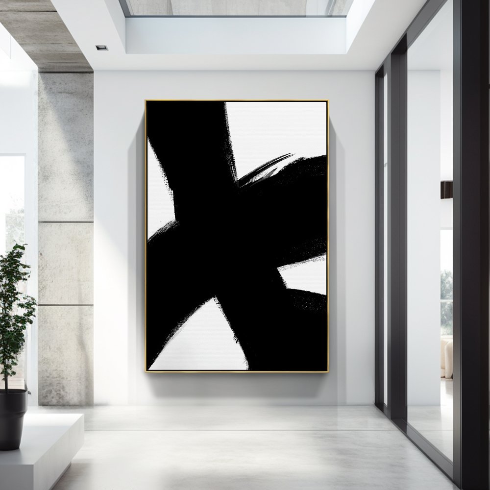 Contemporary Abstract Oil Painting with Bold Black and White Brushstrokes