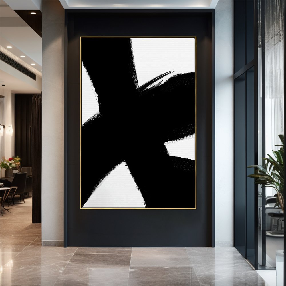 Contemporary Abstract Oil Painting with Bold Black and White Brushstrokes