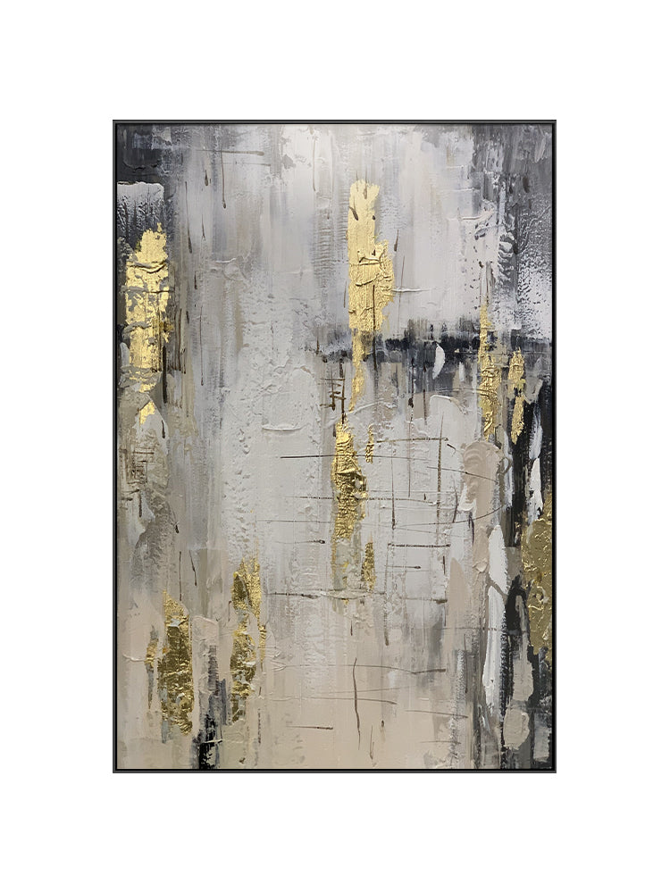 Gray Black and White Gold Leaf Abstract Oil Painting