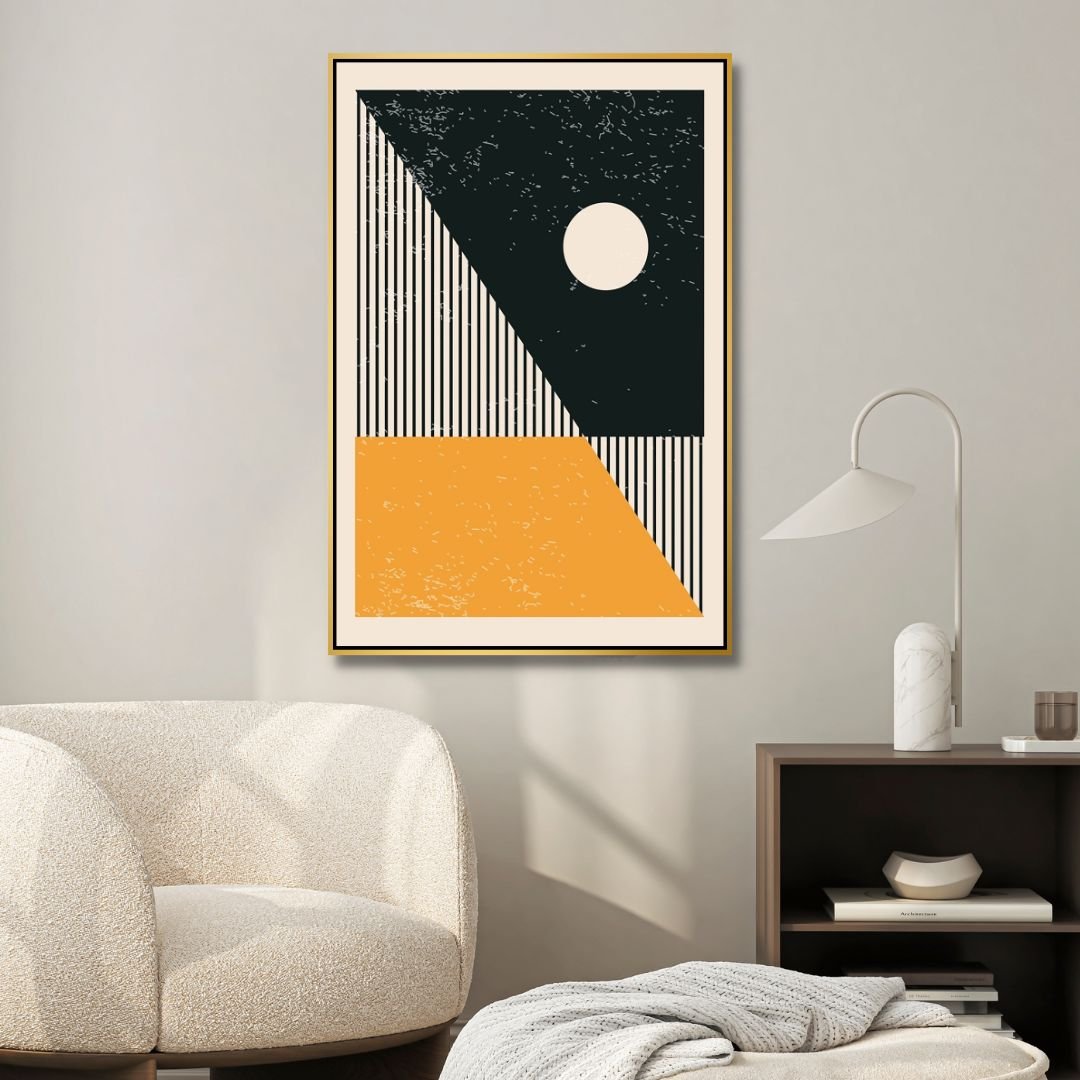 Vibrant 90s Retro Oil Painting in Yellow, Orange, and Blue Geometric Style