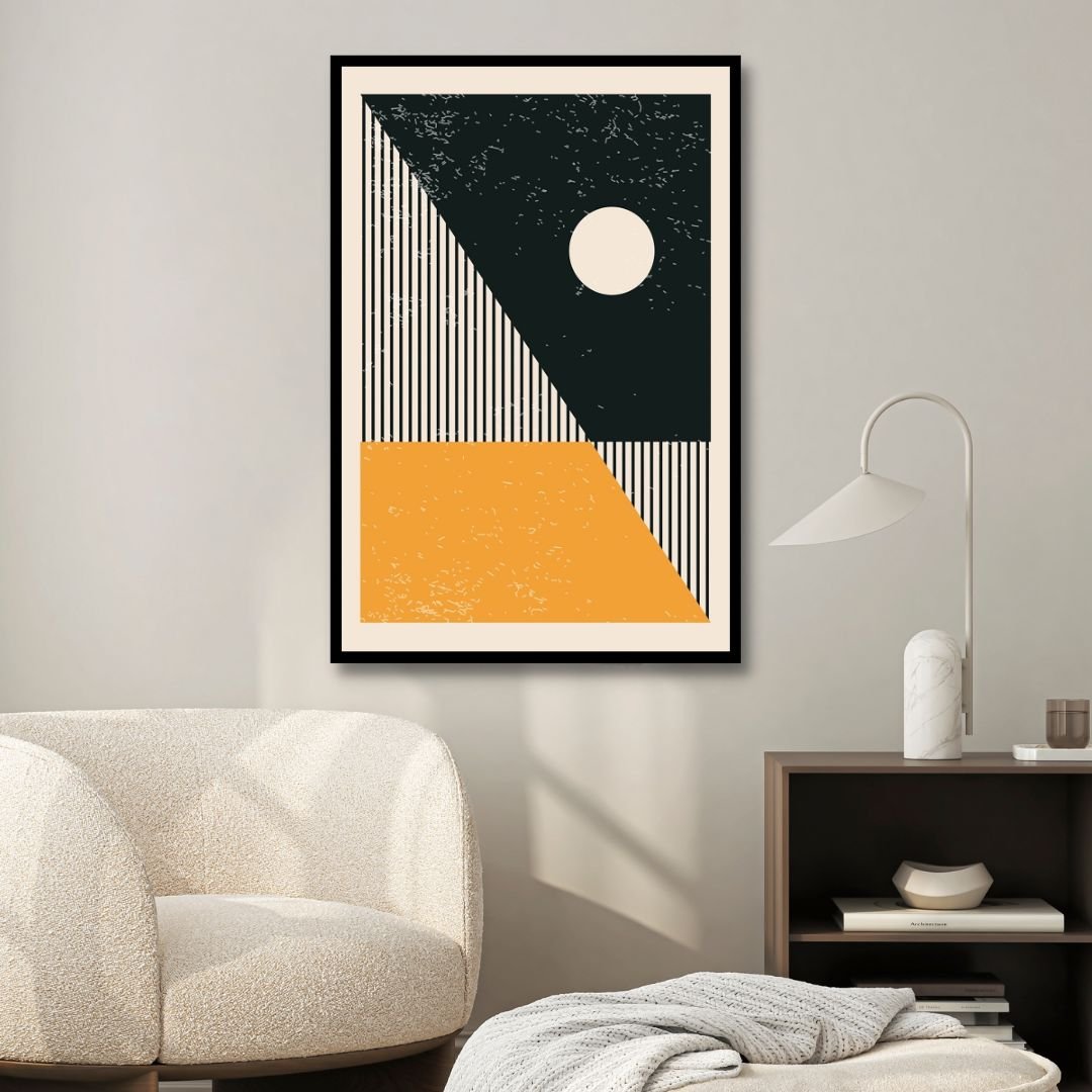 Vibrant 90s Retro Oil Painting in Yellow, Orange, and Blue Geometric Style