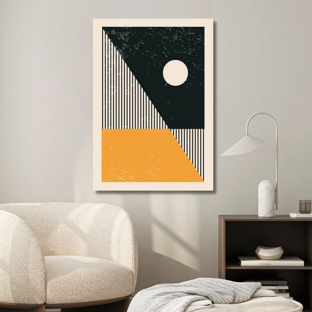 Vibrant 90s Retro Oil Painting in Yellow, Orange, and Blue Geometric Style