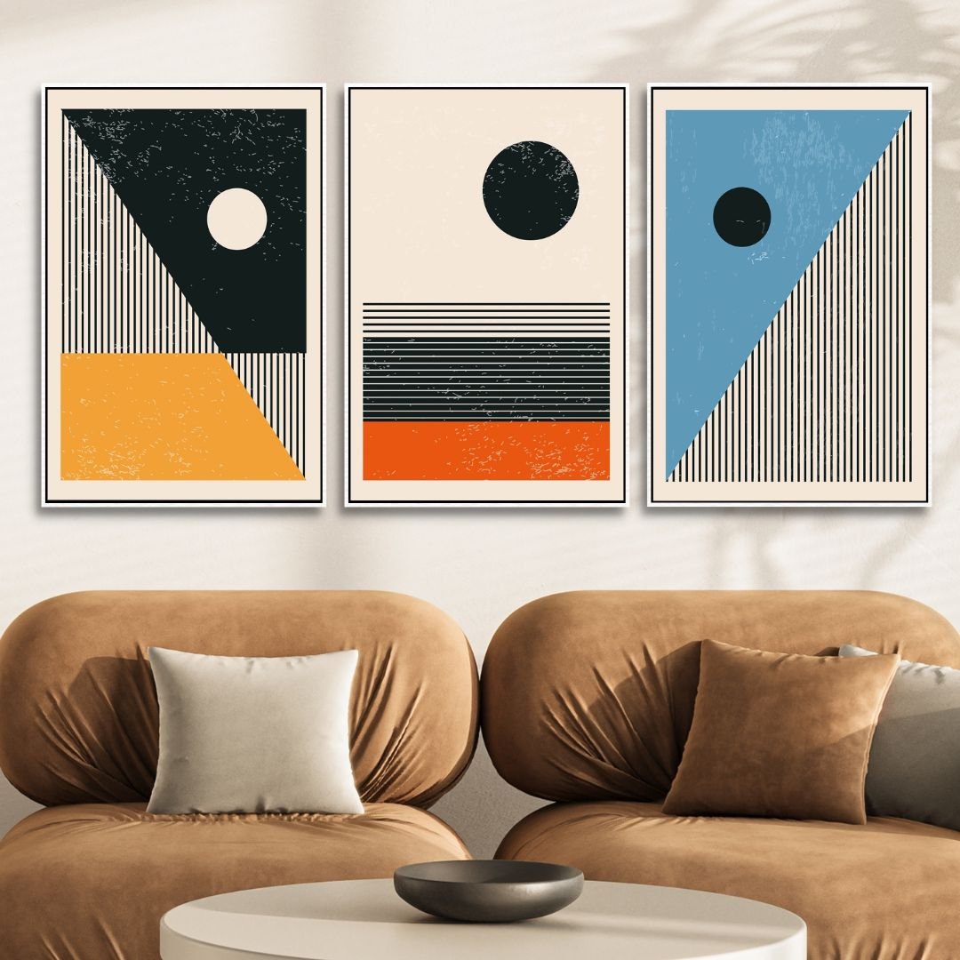 Vibrant 90s Retro Oil Painting in Yellow, Orange, and Blue Geometric Style