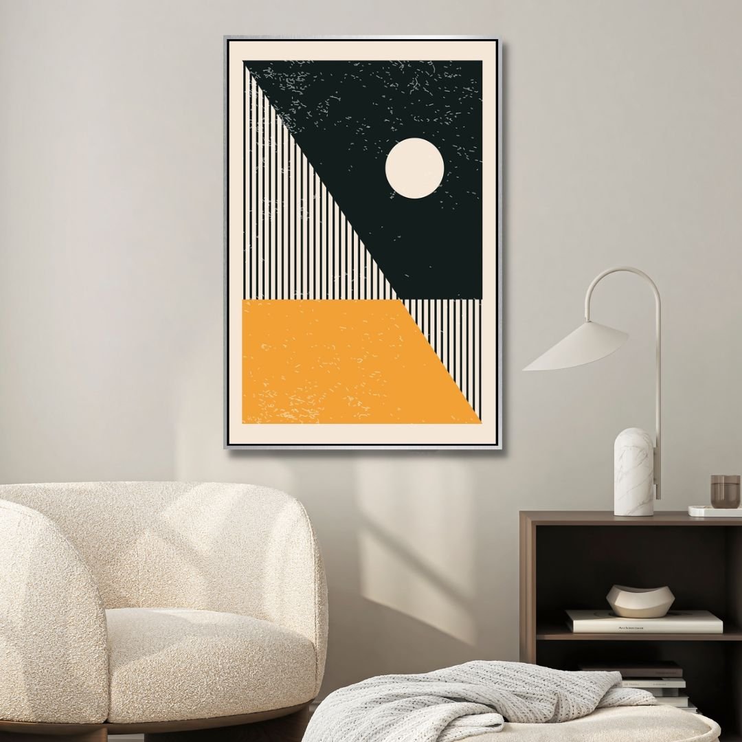 Vibrant 90s Retro Oil Painting in Yellow, Orange, and Blue Geometric Style
