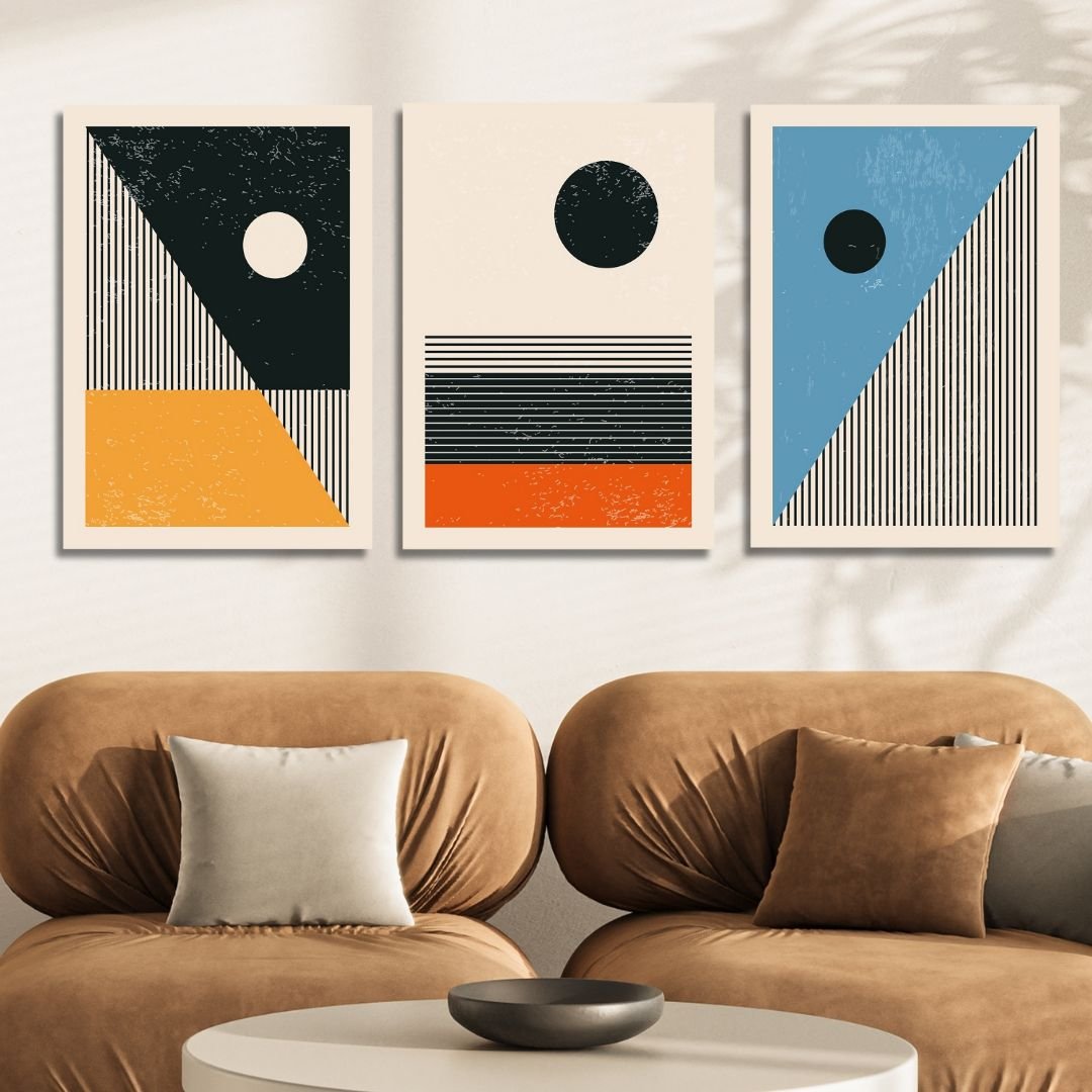 Vibrant 90s Retro Oil Painting in Yellow, Orange, and Blue Geometric Style