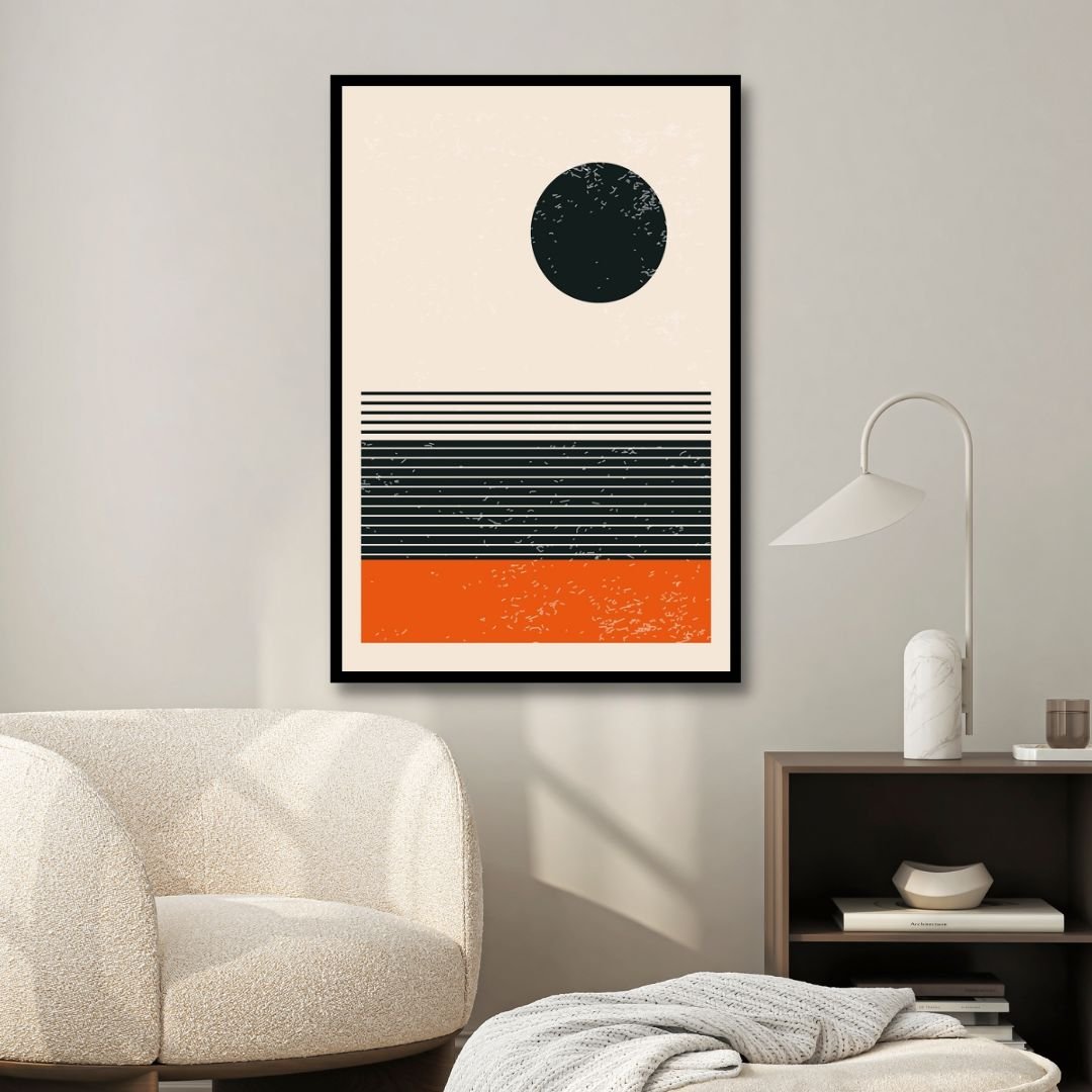 Vibrant 90s Retro Oil Painting in Yellow, Orange, and Blue Geometric Style