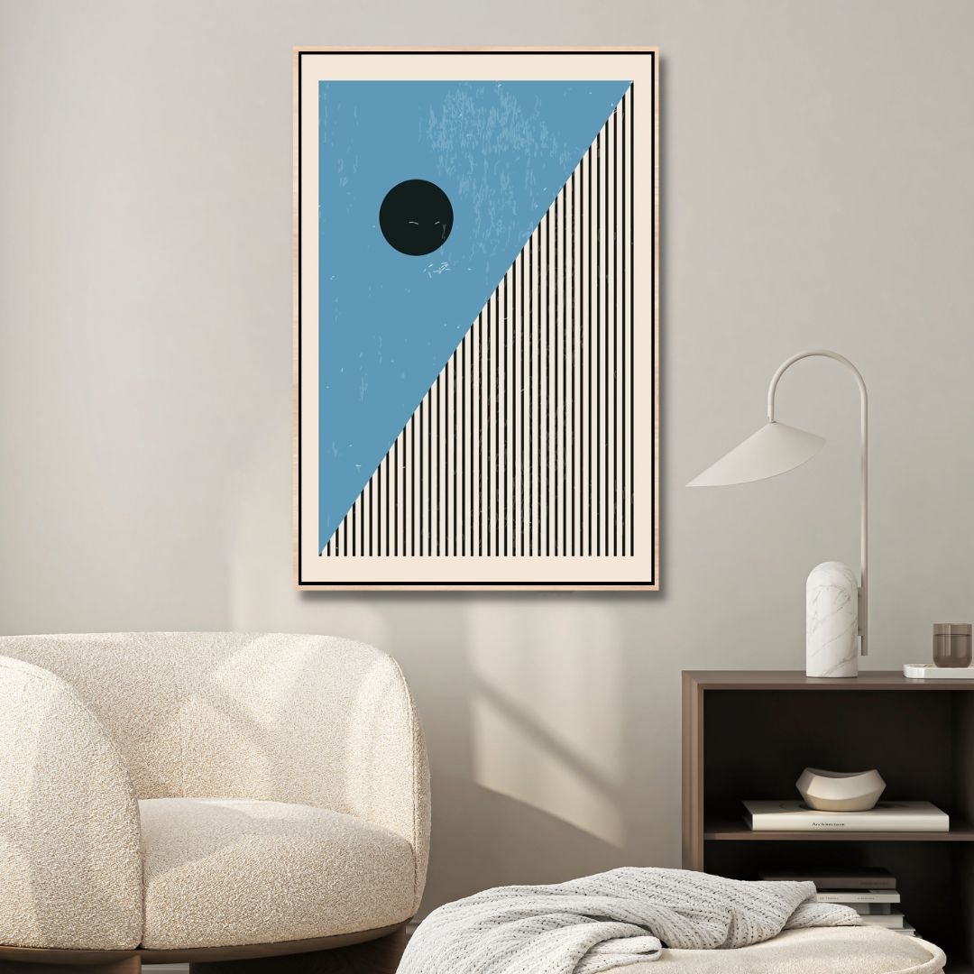 Vibrant 90s Retro Oil Painting in Yellow, Orange, and Blue Geometric Style