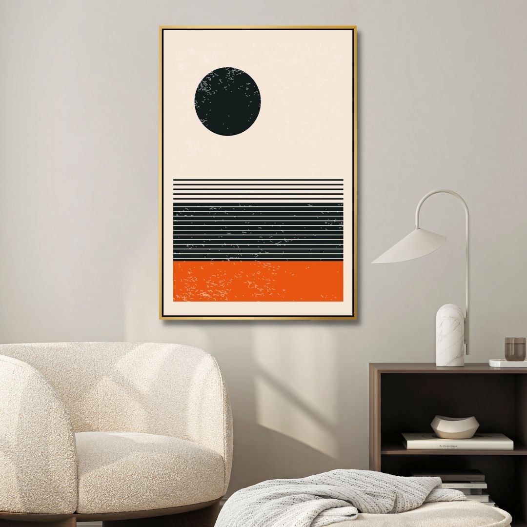 Vibrant 90s Retro Oil Painting in Yellow, Orange, and Blue Geometric Style