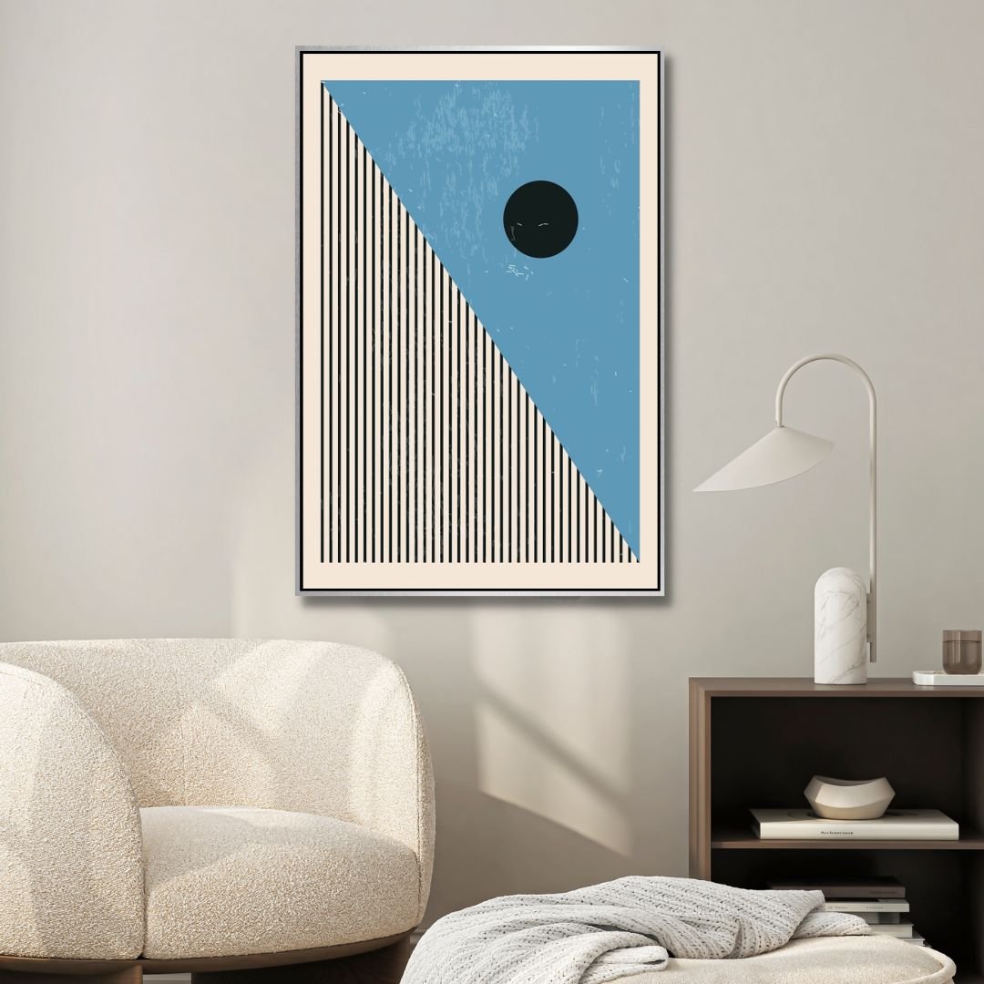 Vibrant 90s Retro Oil Painting in Yellow, Orange, and Blue Geometric Style