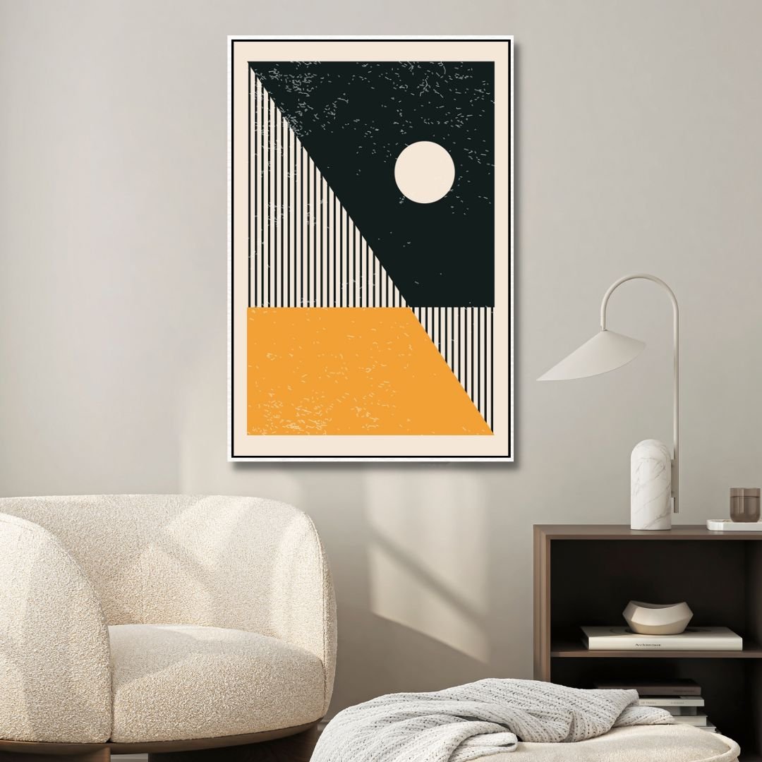 Vibrant 90s Retro Oil Painting in Yellow, Orange, and Blue Geometric Style
