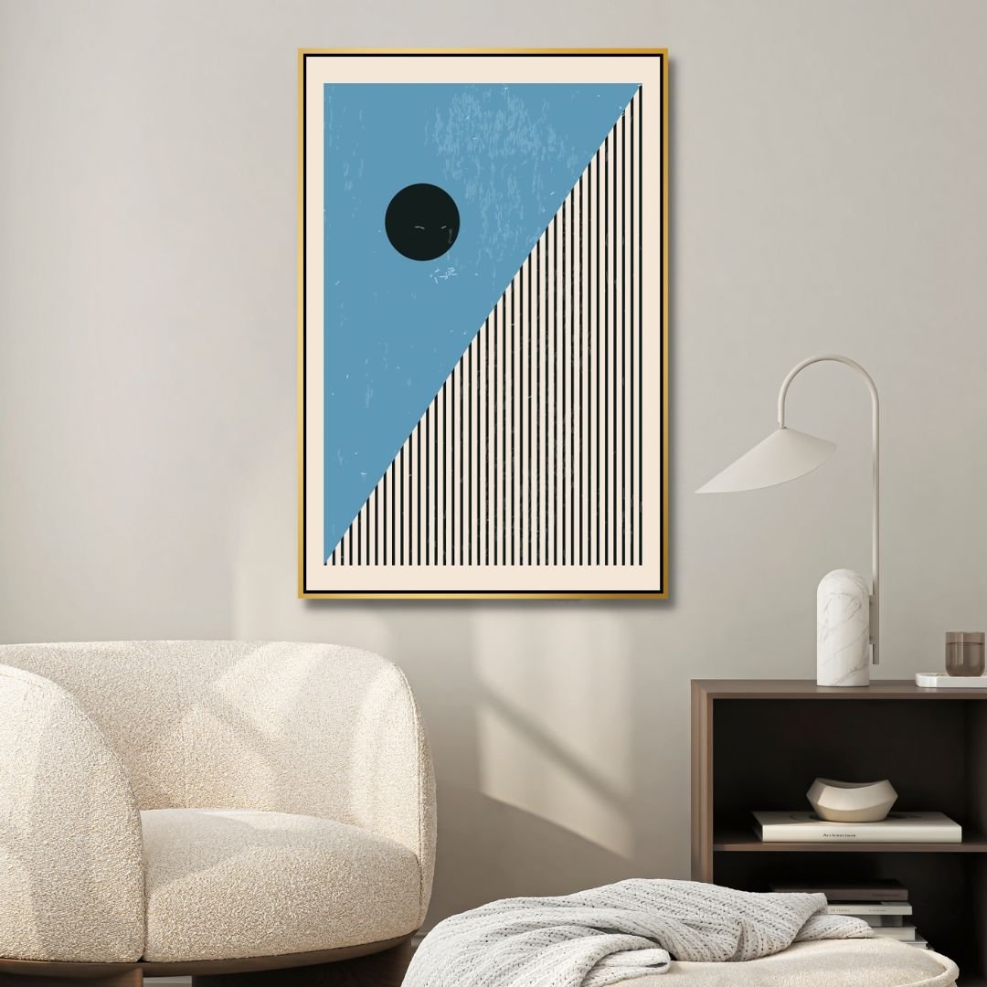 Vibrant 90s Retro Oil Painting in Yellow, Orange, and Blue Geometric Style