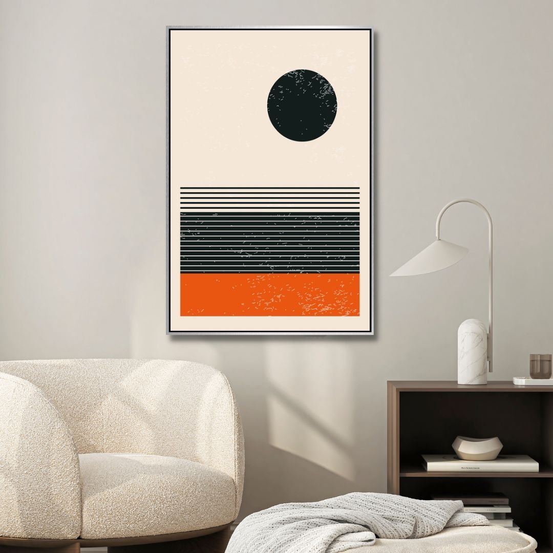 Vibrant 90s Retro Oil Painting in Yellow, Orange, and Blue Geometric Style