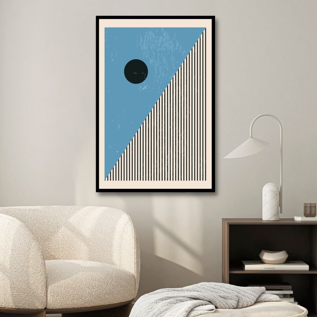Vibrant 90s Retro Oil Painting in Yellow, Orange, and Blue Geometric Style