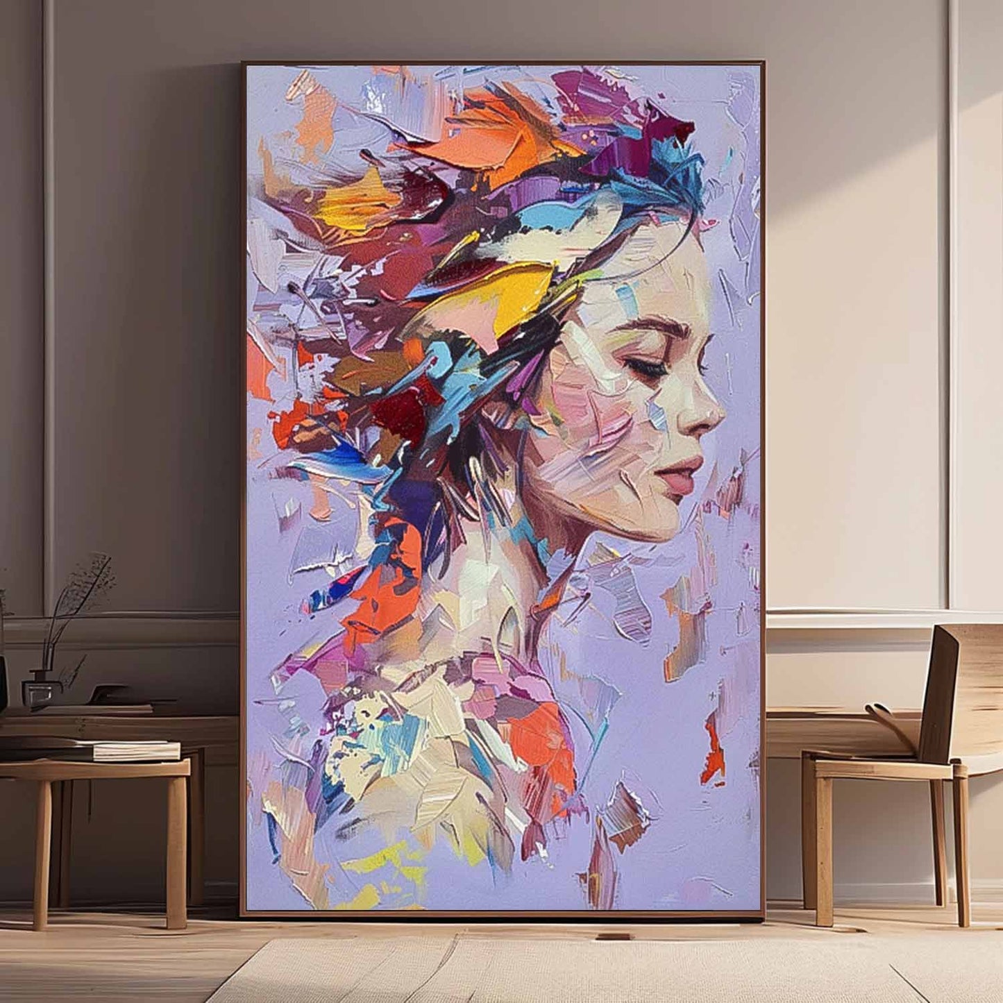Colorful Abstract Woman Portrait Oil Painting for Modern Home Decor
