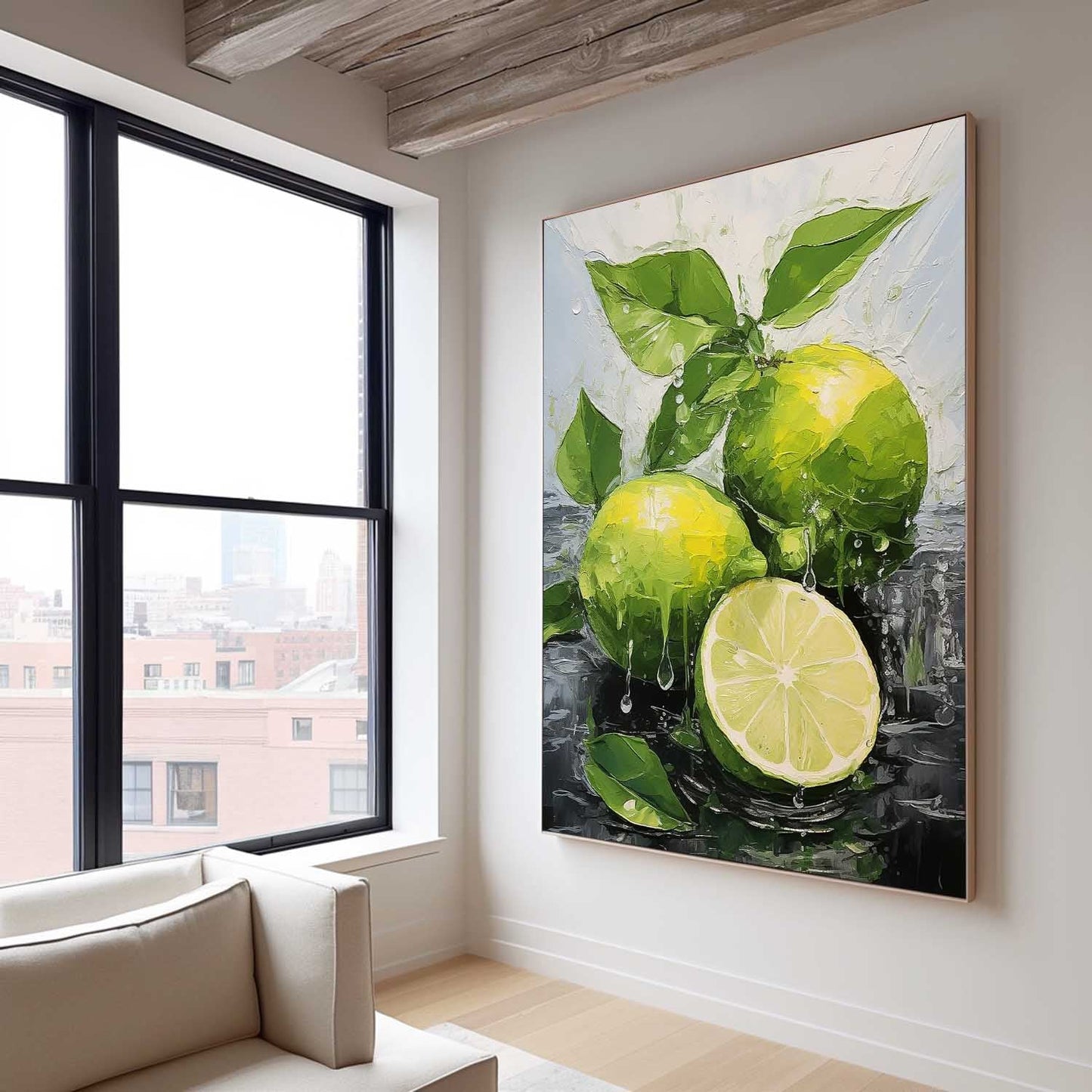 Vibrant Lemon Still Life Oil Painting with Fresh Leaves and Water Drops