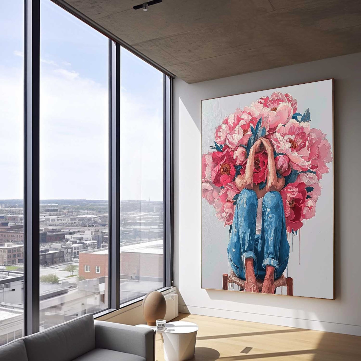Floral Embrace: Vibrant Oil Painting of a Woman Surrounded by Blossoming Flowers